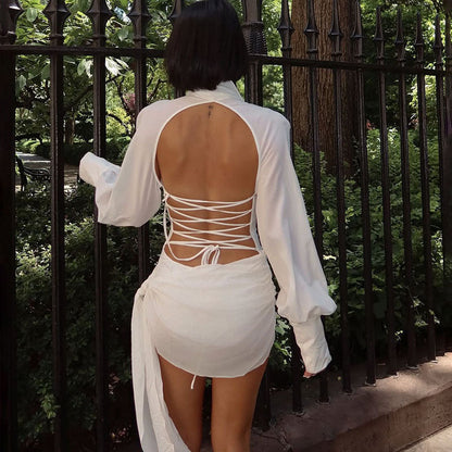 Backless Tie-Front Long Sleeve Mini Dress In White