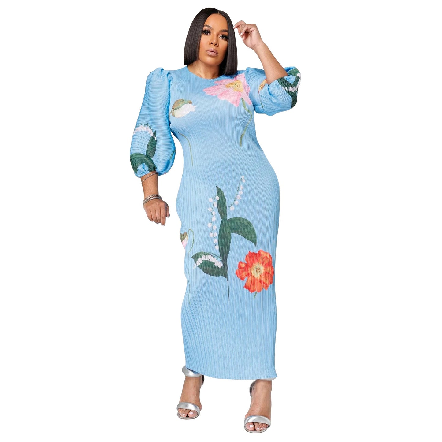 Elegant Lantern Sleeve Ruffled Maxi Dress