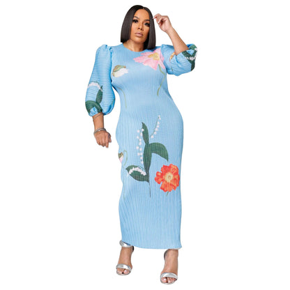 Elegant Lantern Sleeve Ruffled Maxi Dress