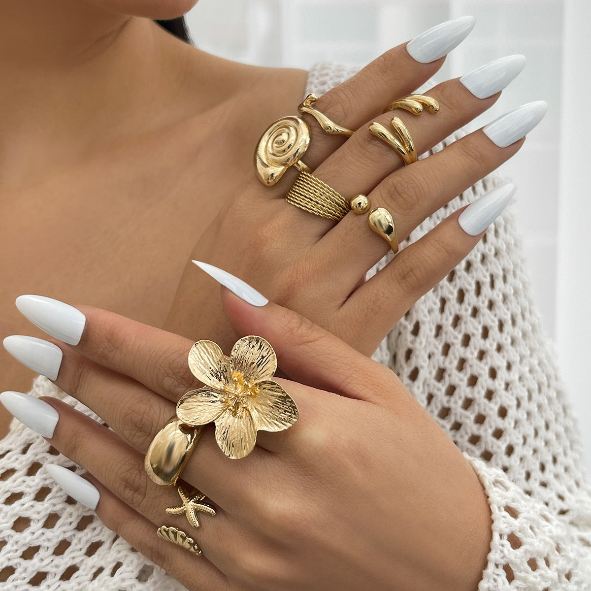 Shell And Flower Ring Set Elegant Metal Fashion Jewelry