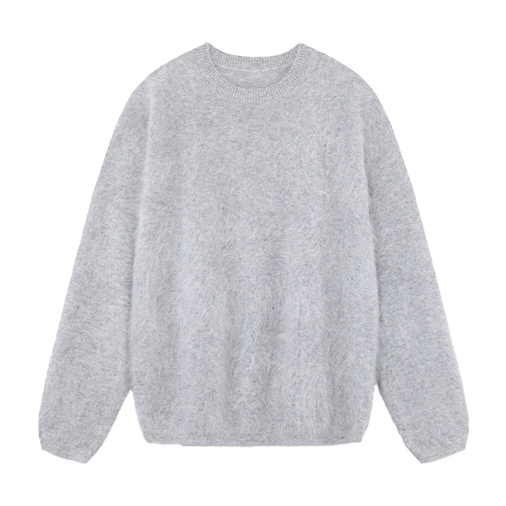 Winter Fuzzy Crew Neck Solid Color Knit Sweater