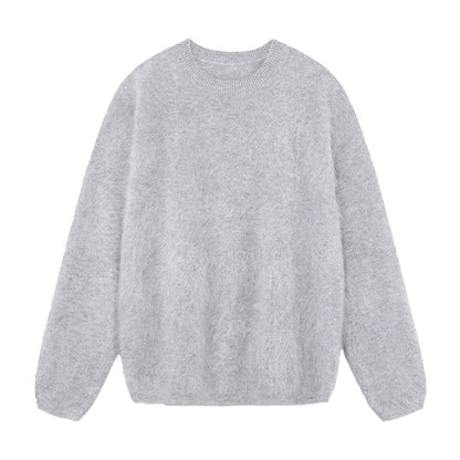 Winter Fuzzy Crew Neck Solid Color Knit Sweater