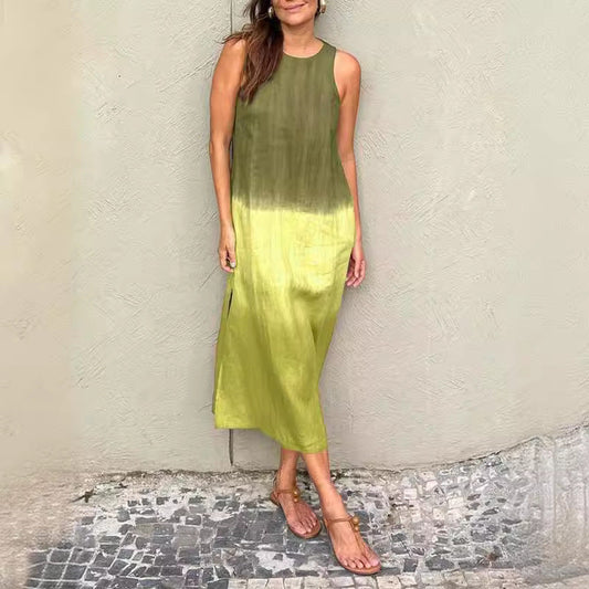 Women'S Clothing Europe And The United States Summer Women'S Casual Cotton And Linen Sleeveless Slit Gradual Change Dress