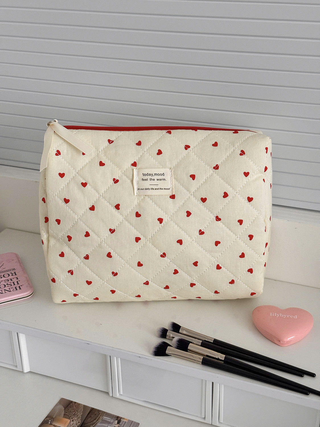 Red Heart Cosmetic Bag Stylish Multi-Functional Storage Pouch