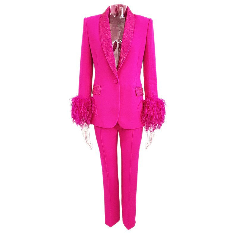 Luxury Ostrich Feather Trimmed Blazer With Rhinestones