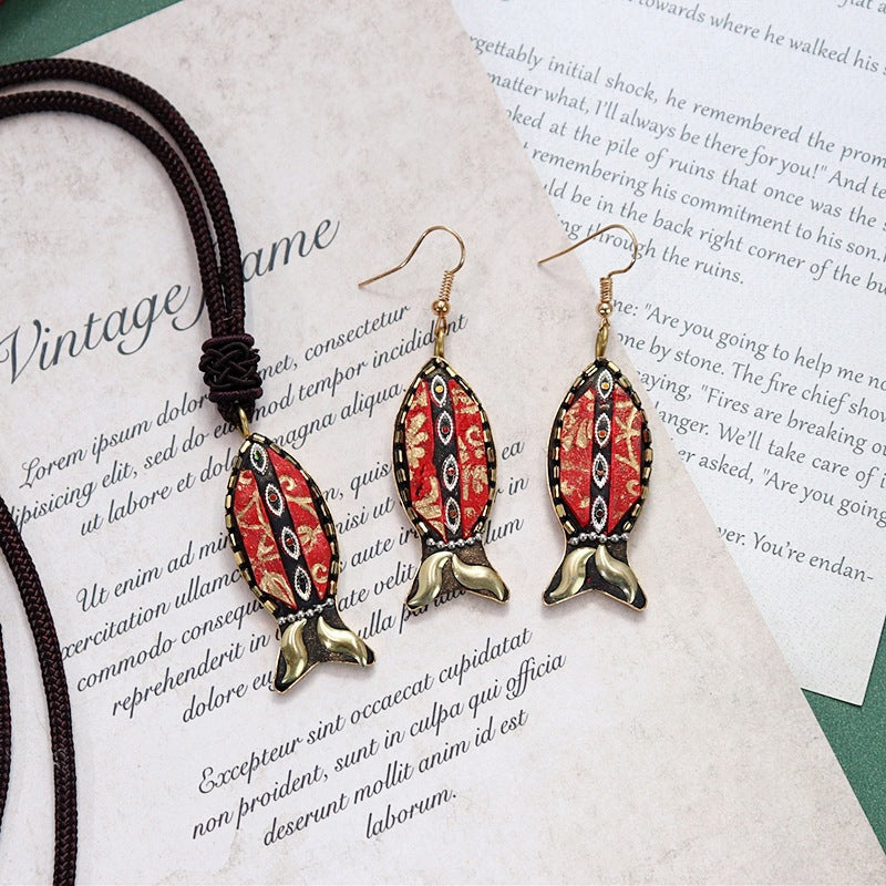 Minority Design Nepal Copper Fish Tibetan Handmade Necklace Men'S And Women'S Ethnic Style Retro Temperament Simple Earring Set