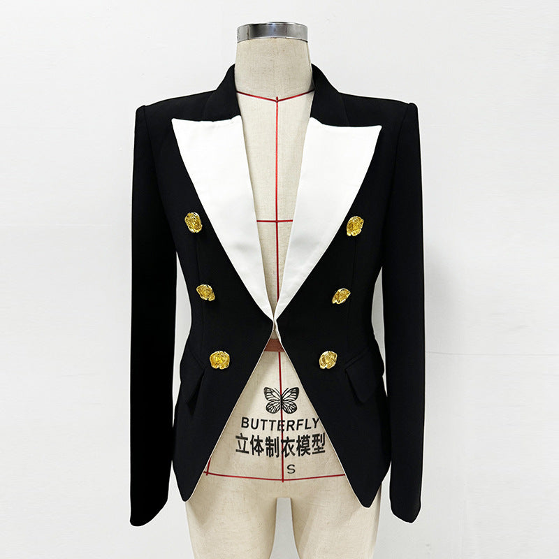 Fashionable Color Block Blazer With Metal Rose Button