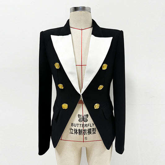 Fashionable Color Block Blazer With Metal Rose Button