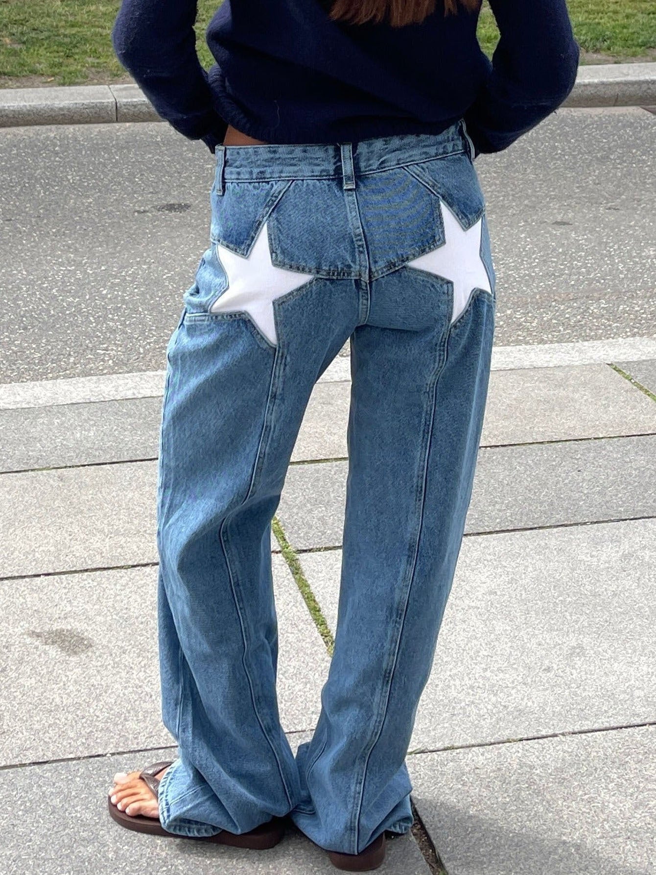 Trendy Color Contrast Splicing Star Denim Pants