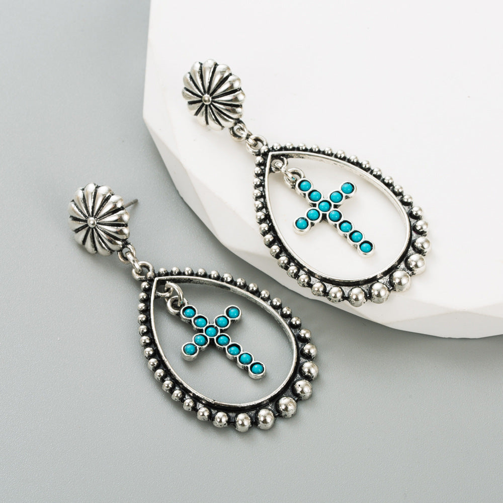 Trendy Heart and Cross Hollow Dangle Earrings with Turquoise