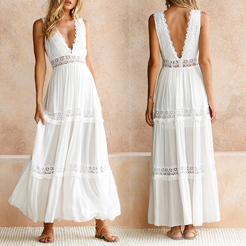Fashionable Lace Midi Dress With V-Neck For Elegant Casual Wear