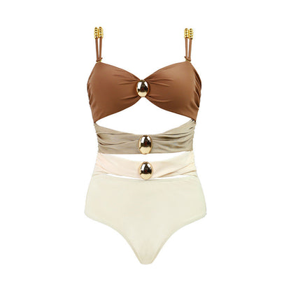 Color Block Hollow Out One Piece Swimwear