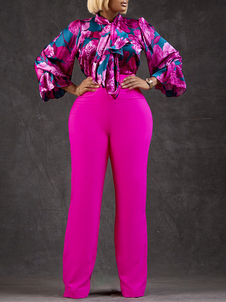 Casual Long Sleeve Floral Shirt And Wide Leg Pants Set