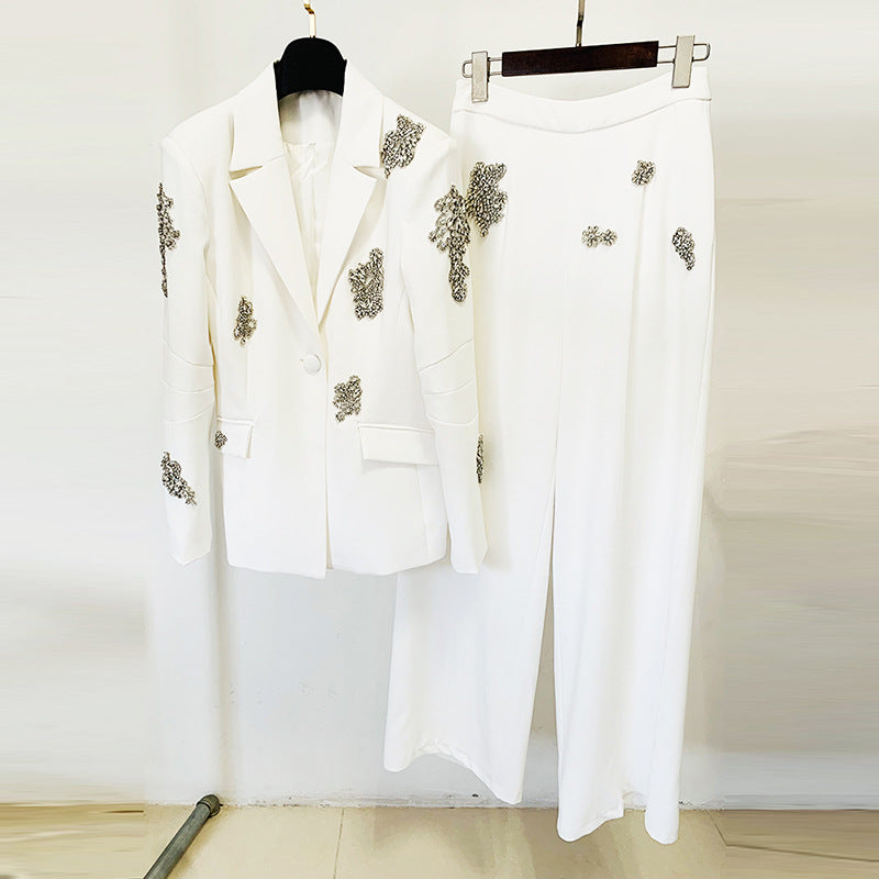 Trendy Elegant Pearl Beaded Blazer & Wide Leg Pants Set