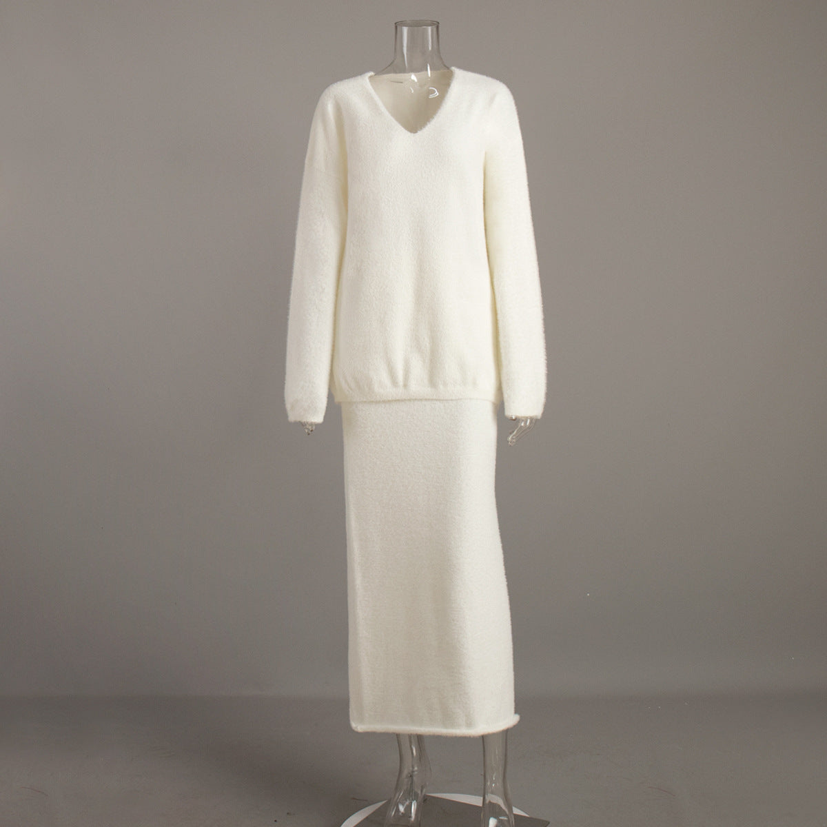 Cozy Knit V-Neck Sweater And Maxi Skirt Set
