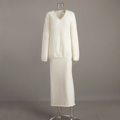 Cozy Knit V-Neck Sweater And Maxi Skirt Set