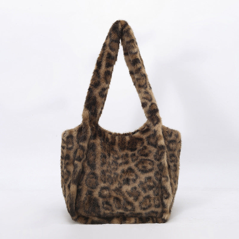 Retro Leopard Print Furry Tote Shoulder Bag