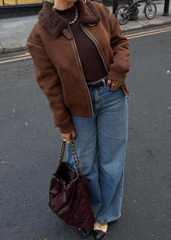 Faux Suede Aviator Style Shearling Jacket Brown