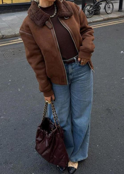 Faux Suede Aviator Style Shearling Jacket Brown