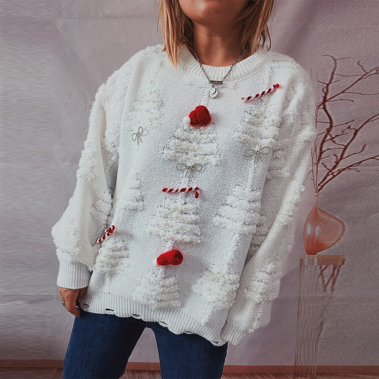 Solid Color Crew Neck Pearl Christmas Sweater
