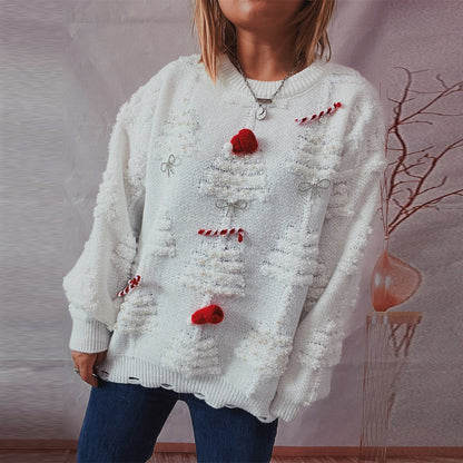 Solid Color Crew Neck Pearl Christmas Sweater