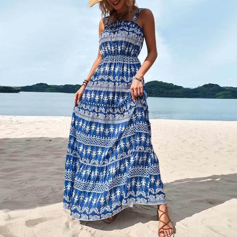 New Blue Printed Round Neck Suspender Strapless Irregular Long Skirt Women'S Dress