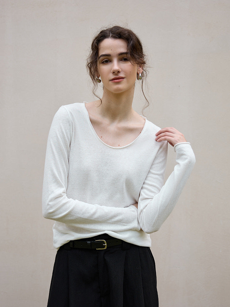 Classic U-Neck Long Sleeve Knit Top in Cotton-Linen Blend