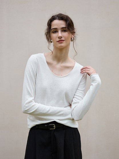 Classic U-Neck Long Sleeve Knit Top in Cotton-Linen Blend