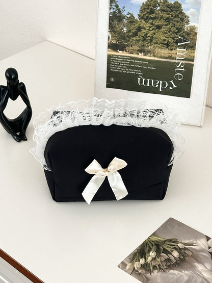 Elegant Black Lace Trim Storage Bag with Bow