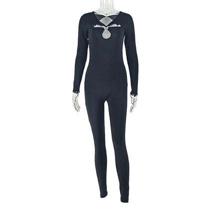 Trendy Solid Color Cutout Metal Ring Bodysuit