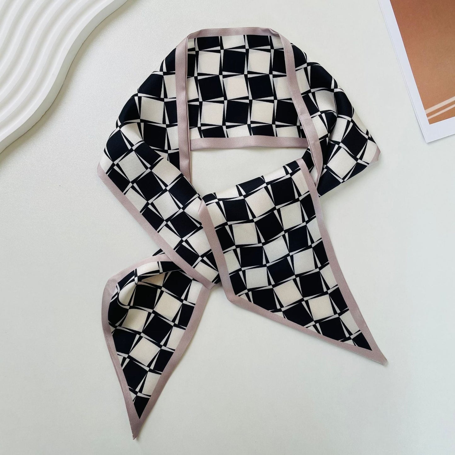 Print Narrow Long Satin Silk-Feel Scarf