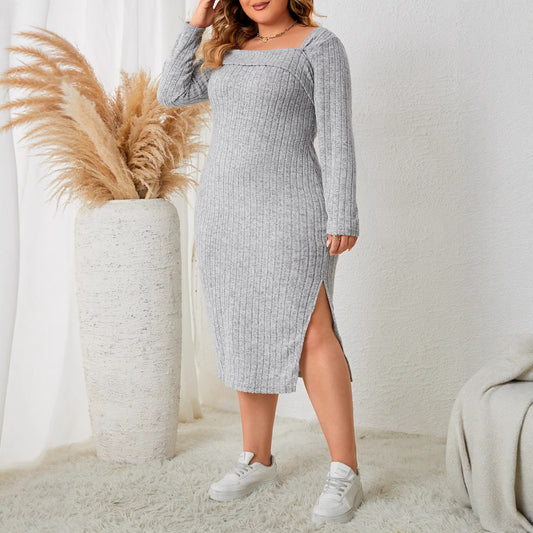 Gray Floral Long Sleeve Maxi Dress Plus Size Elegant Casual Dress