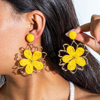 Handmade Woven Raffia Vacation Earrings Floral Design