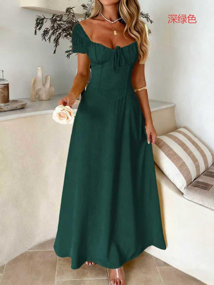 Elegant One-Shoulder Long Dress with Short Sleeves