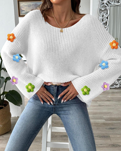 Women鈥檚 Crochet Floral Patchwork Top Loose Off-Shoulder Sweater