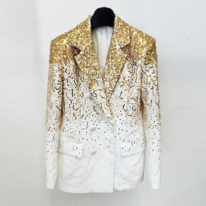 Double-Breasted Blazer Jacket with Sequins and Beading