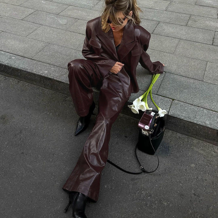 Vintage Stand Collar Belted PU Leather Jacket Set