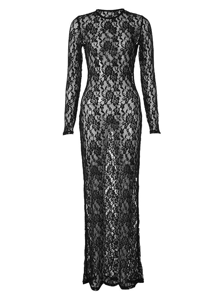Sensual Lace Long Dress with Sheer Design for Parties
