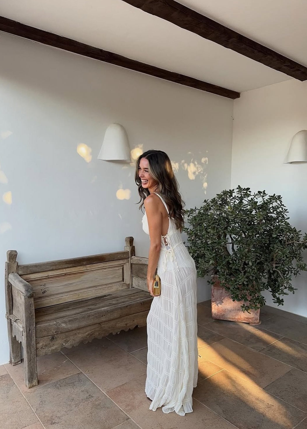 Pleated Spaghetti Strap Maxi Dress In White