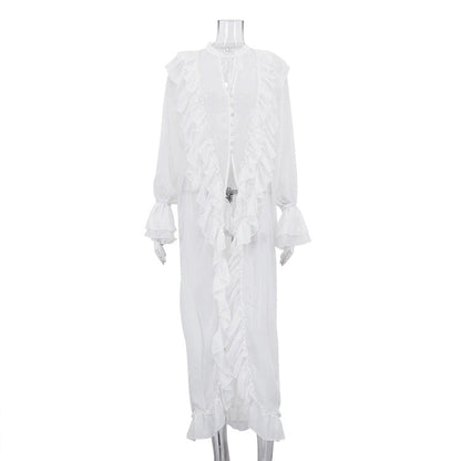Chiffon Ruffled Midi Dress Slim Fit Long Sleeve Casual Dress