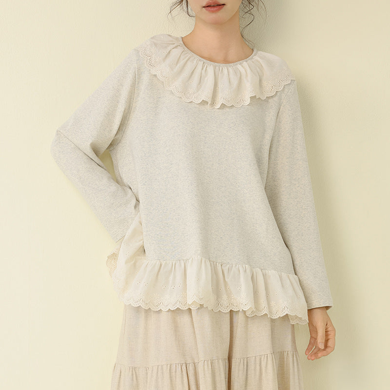 Embroidered Lace Trim Knit Sweater Casual Loose Top