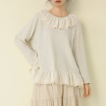 Embroidered Lace Trim Knit Sweater Casual Loose Top