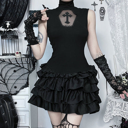 Gothic Hollow Cross Bodycon Pleated Dress