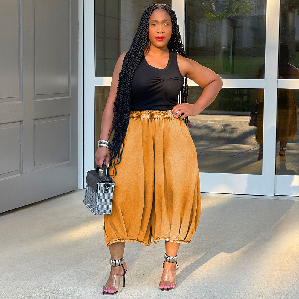 Casual Wide-Leg Denim Cropped Pants With Elastic Waist
