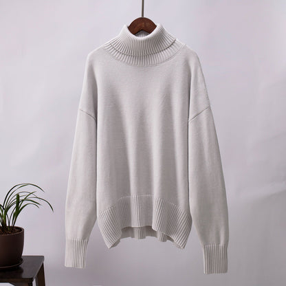 High Neck Knitted Sweater for Women Classic Solid Color Casual Pullover