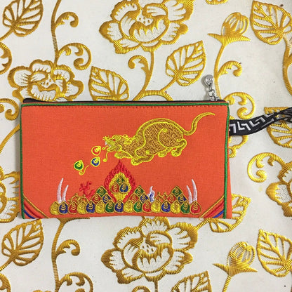 Tibetan Embroidered Canvas Wallet Large Capacity Double Layer Handheld Bag Card Bag Phone Bag Zipper Integrated Bag