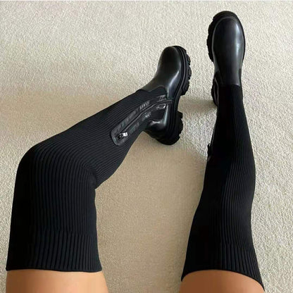 Platform Over-The-Knee Boots Women'S Stretch Wool High Boots Round Toe Breathable Single Shoe
