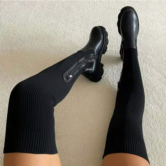 Platform Over-The-Knee Boots Women'S Stretch Wool High Boots Round Toe Breathable Single Shoe
