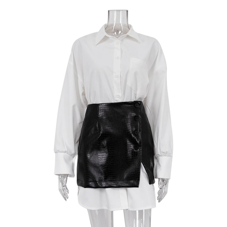 Trendy White Shirt Skirt Set With Belt