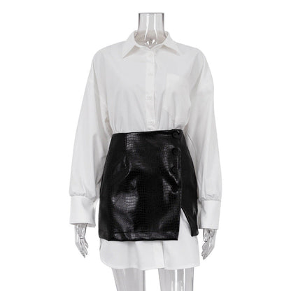 Trendy White Shirt Skirt Set With Belt